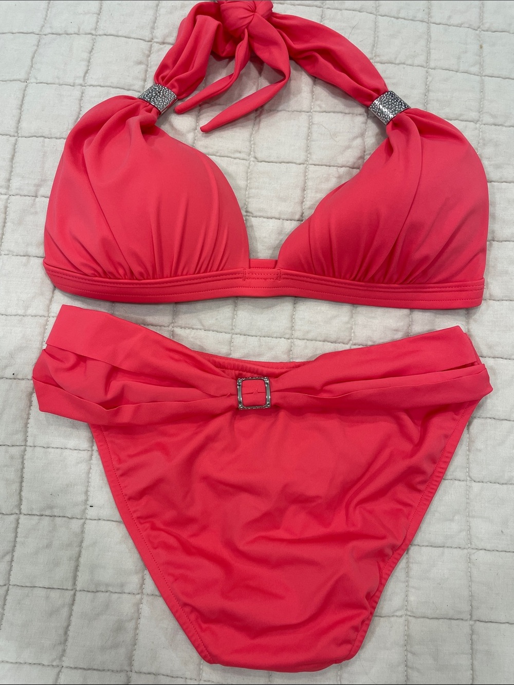 VENUS Coral Halter Bikini Set with Decorative Buckles